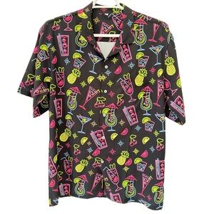 Shirt Mens XL Black‎ Hawaiian Neon Tropical Party Short Sleeve Buttonup